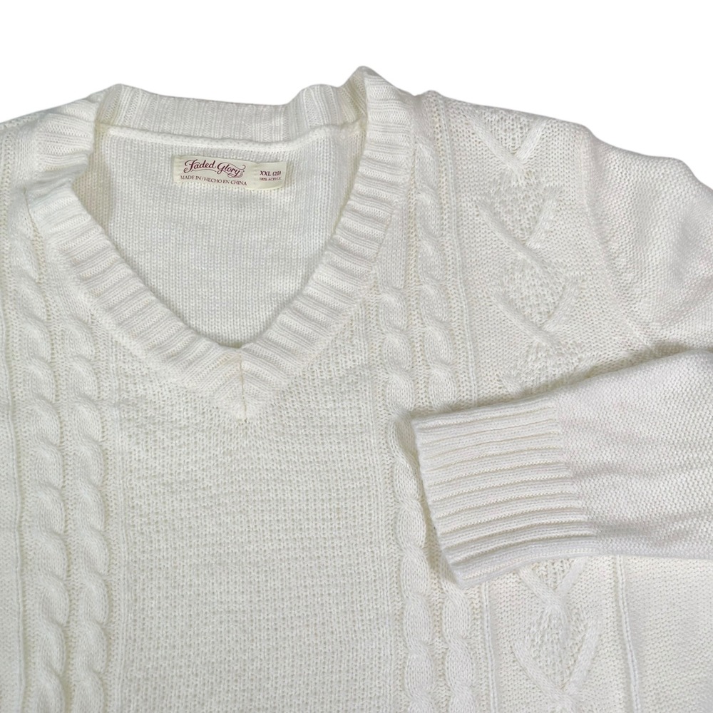 Faded Glory XXL (20) Cream V-Neck Cable Knit Sweater Preppy Coastal Grandma